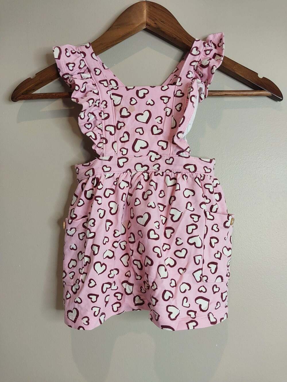 Pink Heart Print Ruffled Overalls Dress Romper with Pockets